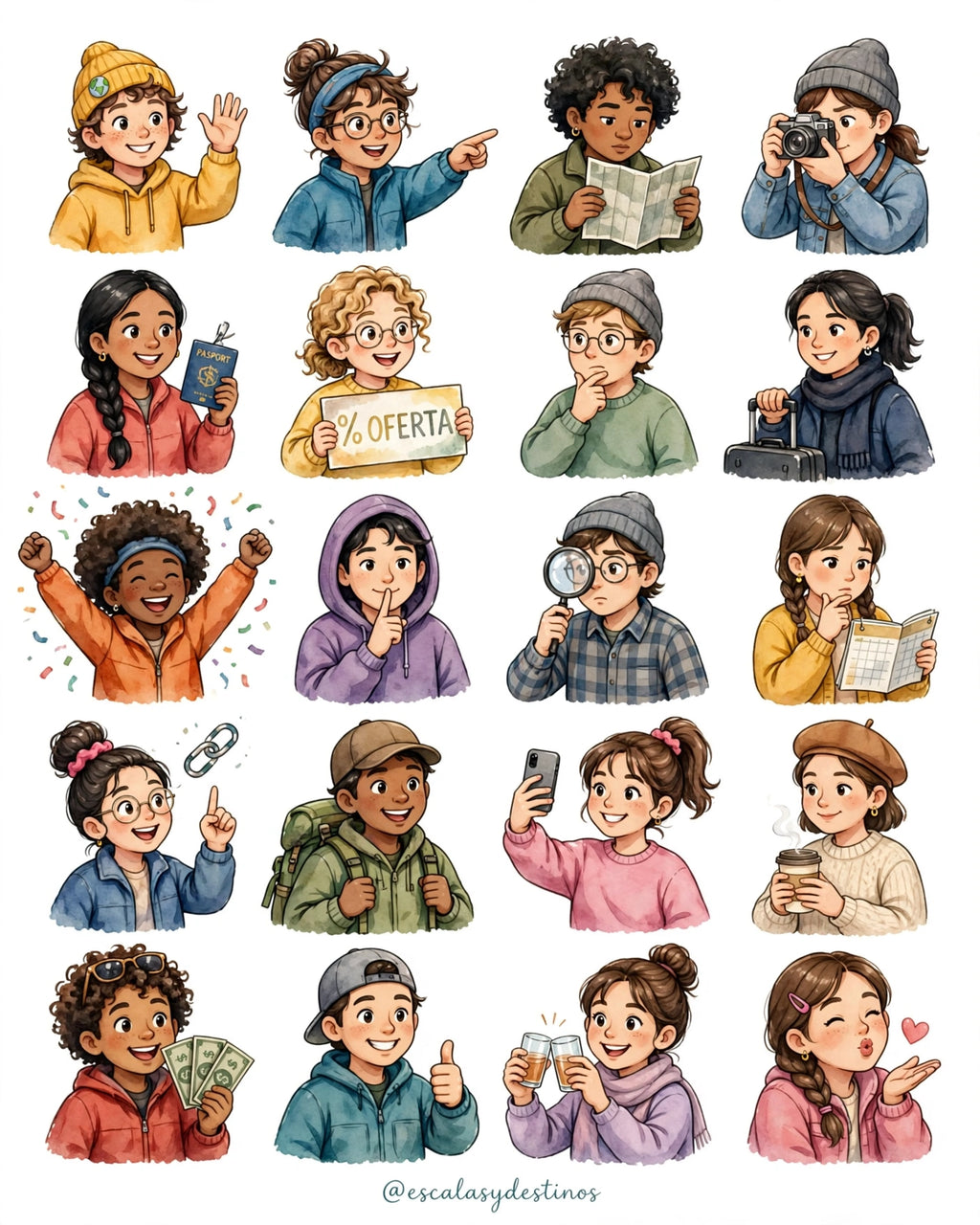 Pack 20 Avatares Acuarela PNG para Creadores de Viajes | Reels Instagram TikTok PNG
