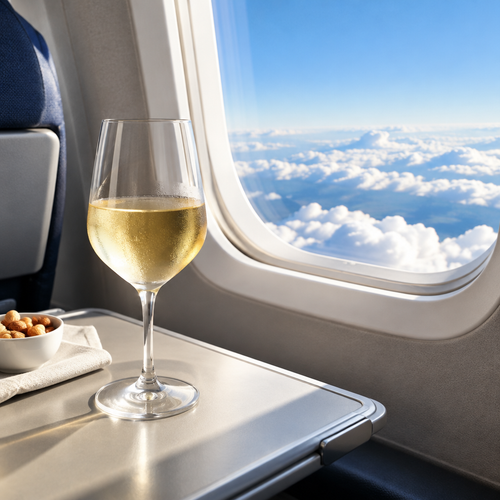 Copa de vino blanco en la bandeja de un avión con vistas a las nubes