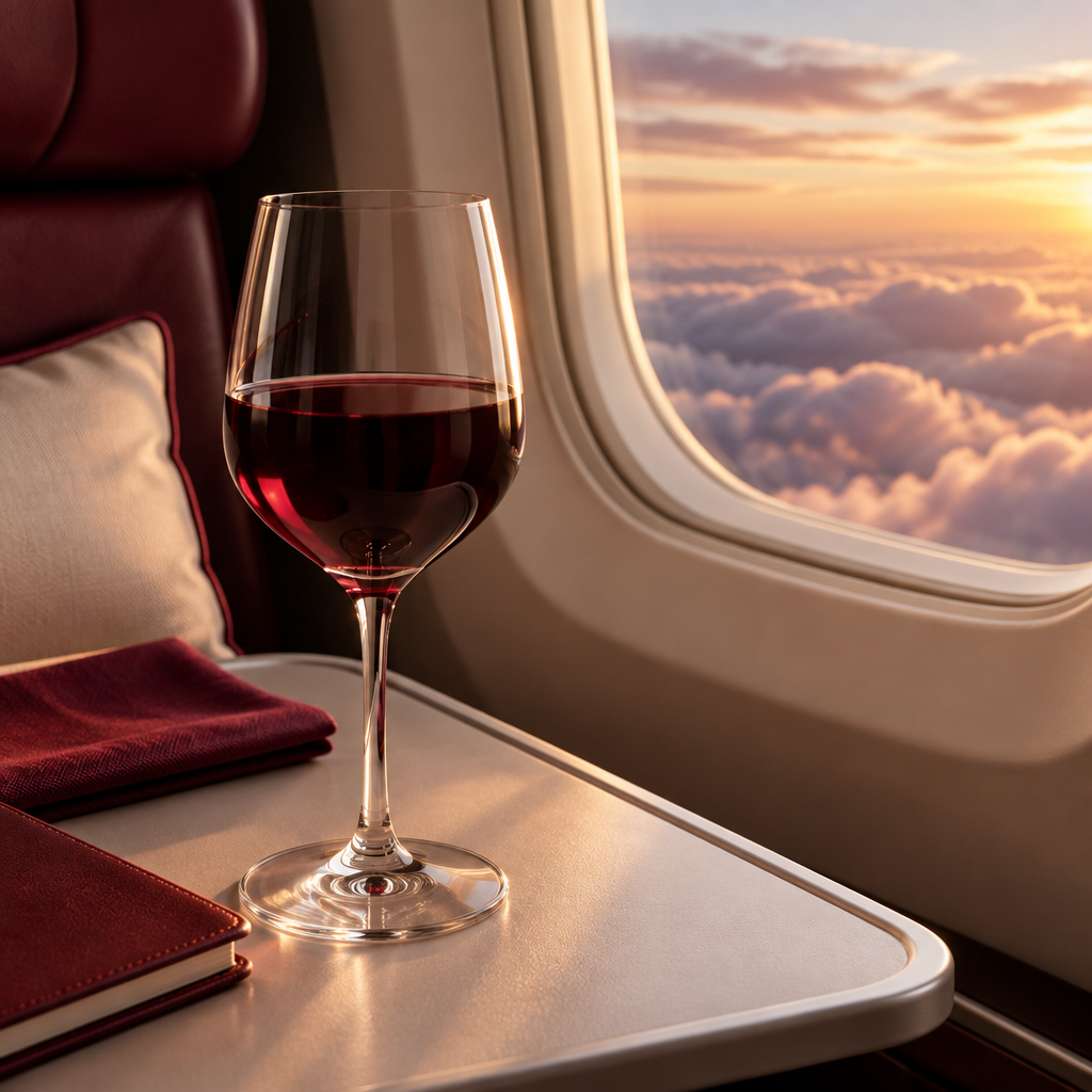 Copa de vino tinto junto a la ventanilla de un avión sobre las nubes