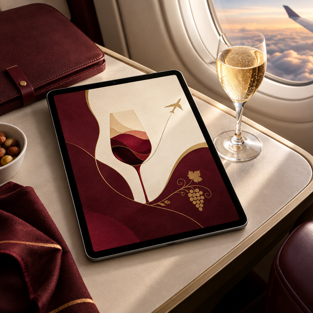 Tableta con una guía digital de vinos y copa de espumoso en un avión
