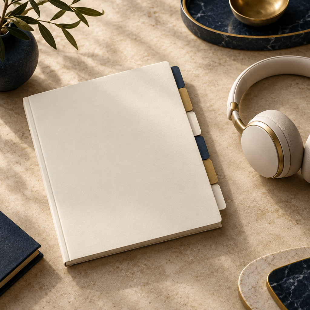 Cuaderno de trabajo y auriculares que representan el workbook digital y las tres audioguías