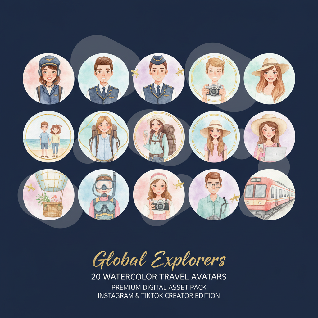 Pack 20 Avatares Acuarela PNG para Creadores de Viajes | Reels Instagram TikTok PNG